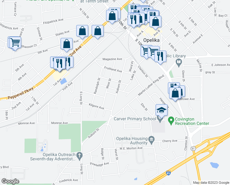 map of restaurants, bars, coffee shops, grocery stores, and more near 1306 Auburn Street in Opelika