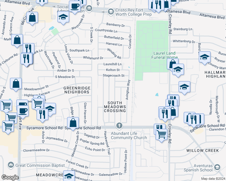 map of restaurants, bars, coffee shops, grocery stores, and more near 7112 Ashbourne Way in Fort Worth
