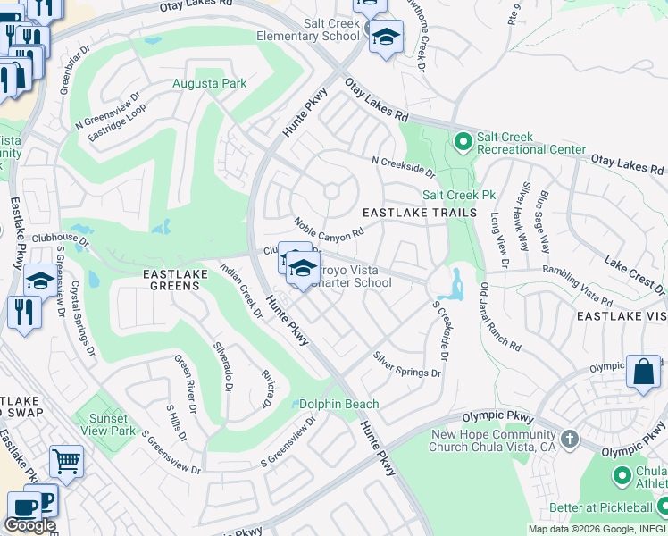 map of restaurants, bars, coffee shops, grocery stores, and more near 1259 Rock Creek Place in Chula Vista