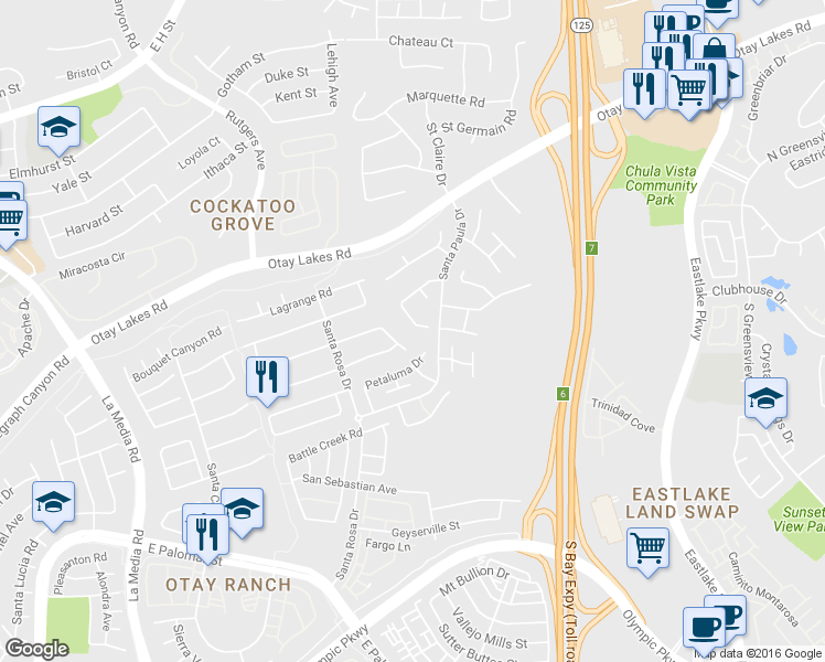 map of restaurants, bars, coffee shops, grocery stores, and more near 1072 Volcano Creek Road in Chula Vista