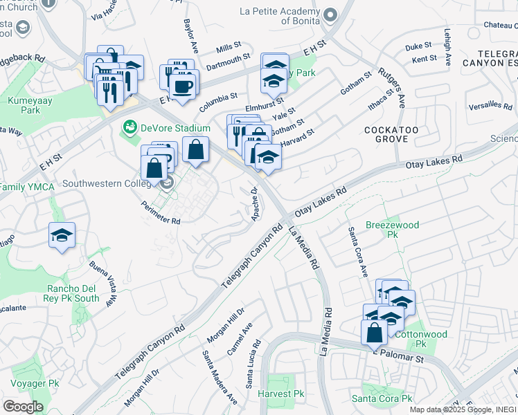 map of restaurants, bars, coffee shops, grocery stores, and more near 1577 Apache Drive in Chula Vista