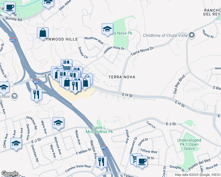 map of restaurants, bars, coffee shops, grocery stores, and more near 475 Belle Vista Drive in Chula Vista