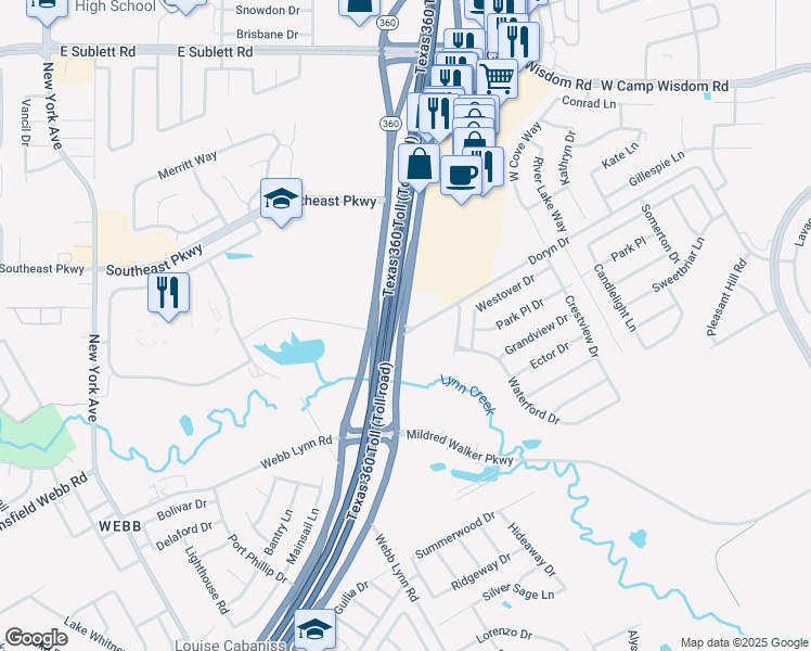 map of restaurants, bars, coffee shops, grocery stores, and more near 6700 South Watson Road in Arlington