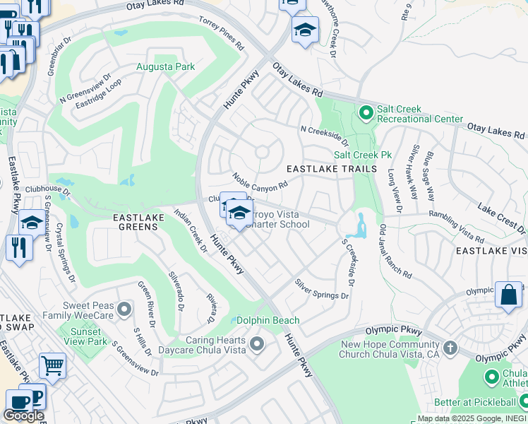 map of restaurants, bars, coffee shops, grocery stores, and more near 1259 Rock Creek Place in Chula Vista