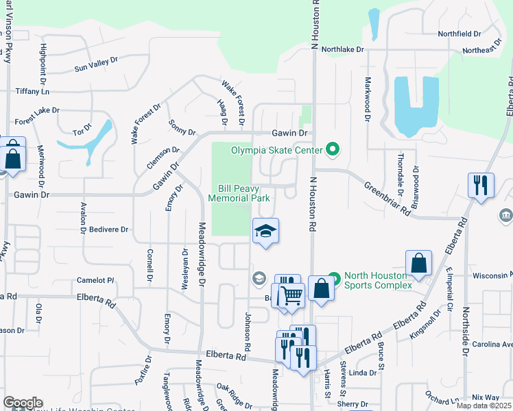 map of restaurants, bars, coffee shops, grocery stores, and more near 101-107 Porkie Dr in Warner Robins