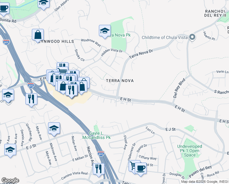map of restaurants, bars, coffee shops, grocery stores, and more near 490 Belle Vista Drive in Chula Vista