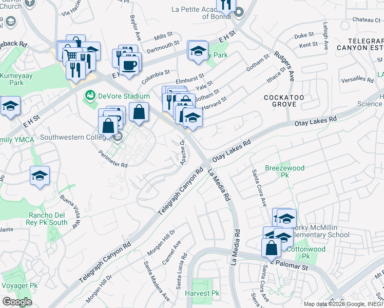 map of restaurants, bars, coffee shops, grocery stores, and more near 1554 Apache Drive in Chula Vista