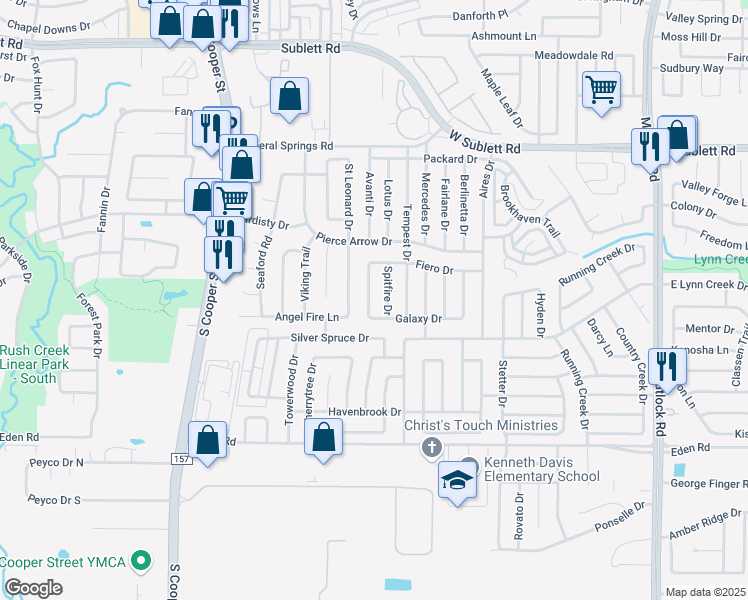 map of restaurants, bars, coffee shops, grocery stores, and more near 6519 Electra Drive in Arlington
