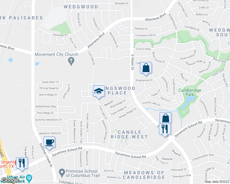 map of restaurants, bars, coffee shops, grocery stores, and more near 7327 Kingswood Circle in Fort Worth