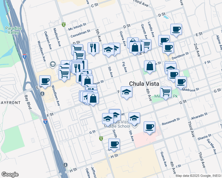 map of restaurants, bars, coffee shops, grocery stores, and more near 274 5th Avenue in Chula Vista