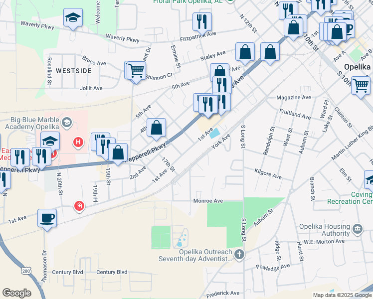 map of restaurants, bars, coffee shops, grocery stores, and more near 1611 2nd Avenue in Opelika