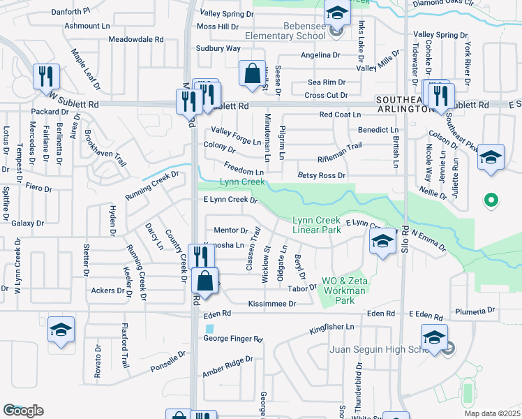 map of restaurants, bars, coffee shops, grocery stores, and more near 228 East Lynn Creek Drive in Arlington