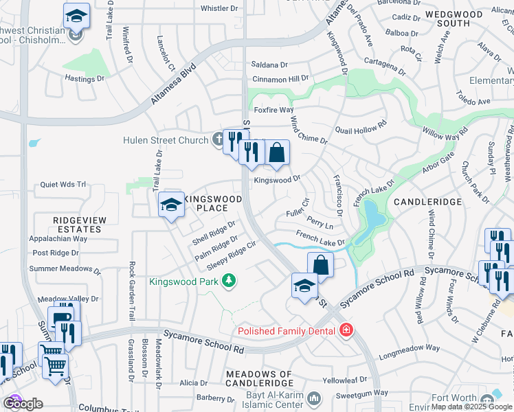 map of restaurants, bars, coffee shops, grocery stores, and more near 7315 South Hulen Street in Fort Worth