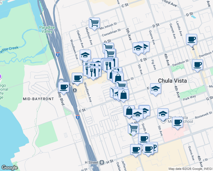 map of restaurants, bars, coffee shops, grocery stores, and more near 230 Broadway in Chula Vista