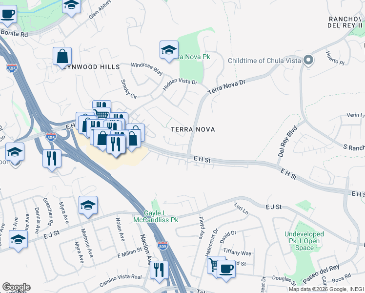 map of restaurants, bars, coffee shops, grocery stores, and more near 490 Belle Vista Drive in Chula Vista