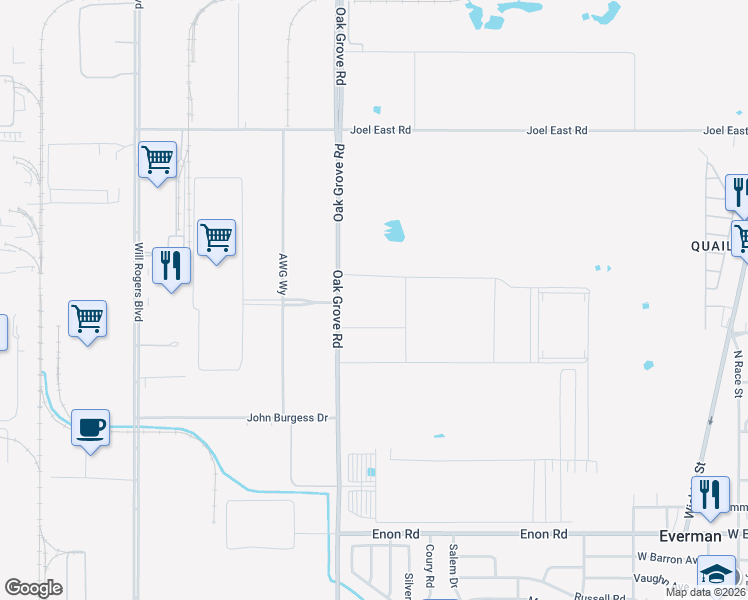 map of restaurants, bars, coffee shops, grocery stores, and more near 7501 Oak Grove Road in Fort Worth