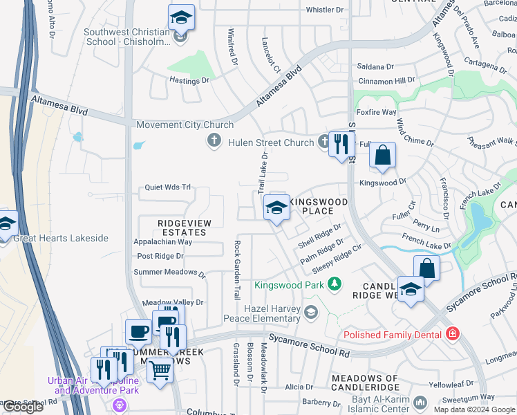 map of restaurants, bars, coffee shops, grocery stores, and more near 7245 Irish Valley Trail in Fort Worth