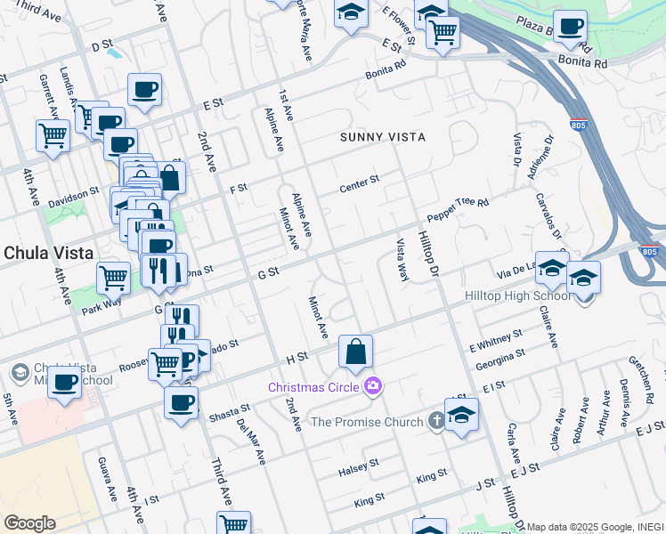 map of restaurants, bars, coffee shops, grocery stores, and more near 414 1st Avenue in Chula Vista