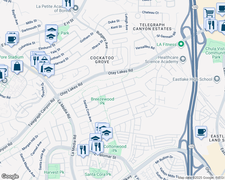 map of restaurants, bars, coffee shops, grocery stores, and more near 1845 Harrils Mill Avenue in Chula Vista