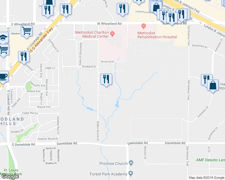 map of restaurants, bars, coffee shops, grocery stores, and more near 2400 Bolton Boone Drive in DeSoto