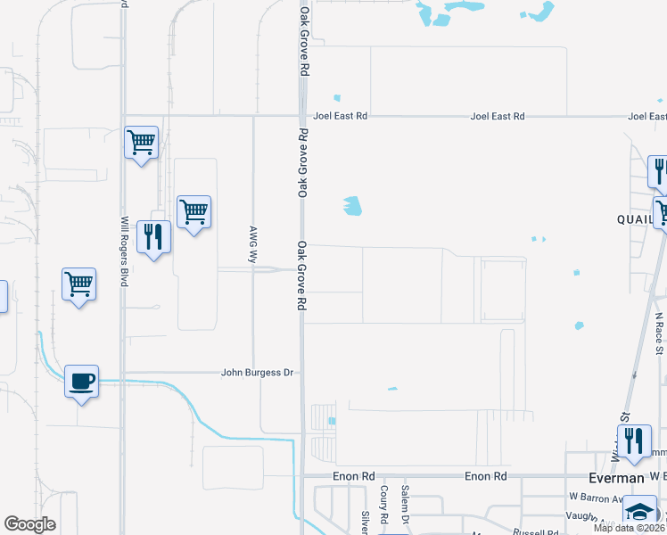 map of restaurants, bars, coffee shops, grocery stores, and more near 6800-7460 Oak Grove Road in Fort Worth