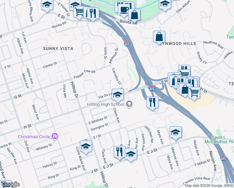 map of restaurants, bars, coffee shops, grocery stores, and more near 166 Via De Laurencio in Chula Vista