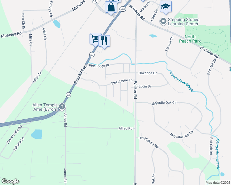 map of restaurants, bars, coffee shops, grocery stores, and more near 109 Shady Bank Lane in Byron