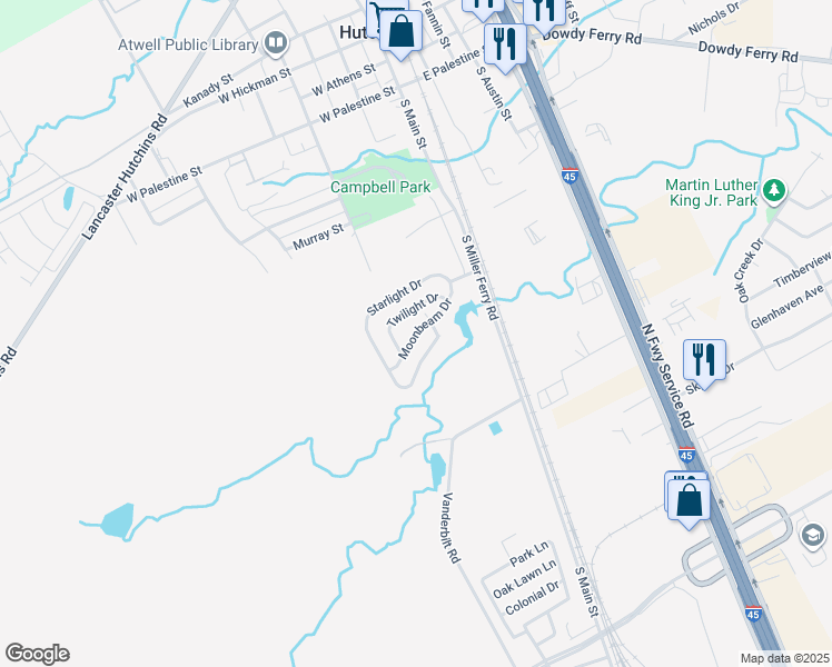 map of restaurants, bars, coffee shops, grocery stores, and more near 26 Moonbeam Drive in Hutchins