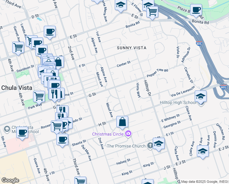 map of restaurants, bars, coffee shops, grocery stores, and more near 414 1st Avenue in Chula Vista