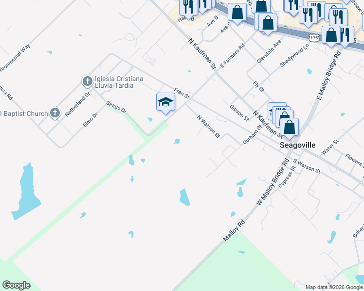 map of restaurants, bars, coffee shops, grocery stores, and more near 300 West Farmers Road in Seagoville