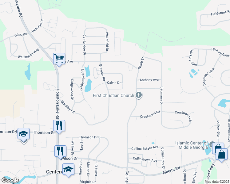 map of restaurants, bars, coffee shops, grocery stores, and more near 320 Brantley Road in Warner Robins