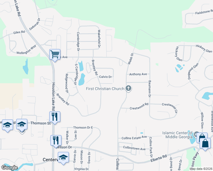 map of restaurants, bars, coffee shops, grocery stores, and more near 316 Brantley Road in Warner Robins