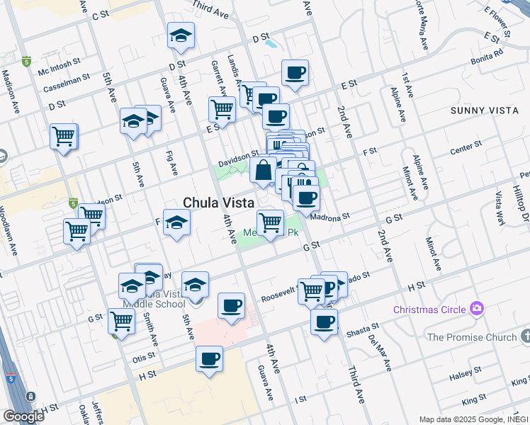 map of restaurants, bars, coffee shops, grocery stores, and more near 350 3rd Avenue in Chula Vista