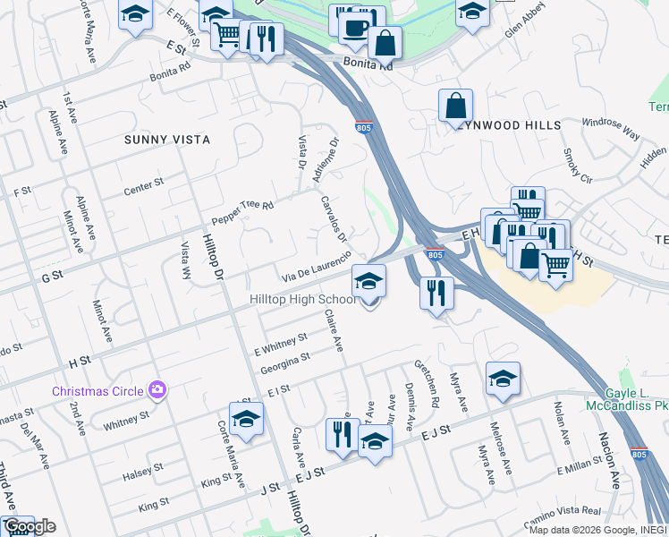 map of restaurants, bars, coffee shops, grocery stores, and more near 166 Via De Laurencio in Chula Vista