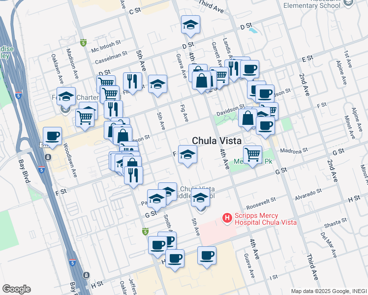 map of restaurants, bars, coffee shops, grocery stores, and more near 479 F Street in Chula Vista