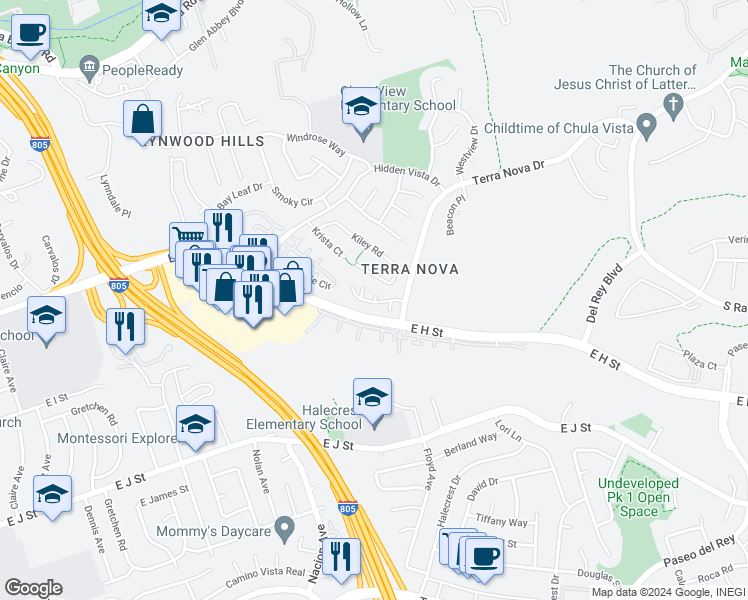 map of restaurants, bars, coffee shops, grocery stores, and more near 480 Belle Vista Drive in Chula Vista