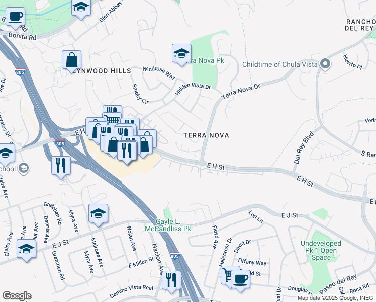 map of restaurants, bars, coffee shops, grocery stores, and more near 485 Belle Vista Drive in Chula Vista