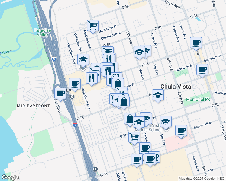 map of restaurants, bars, coffee shops, grocery stores, and more near 236 Broadway in Chula Vista