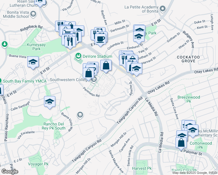 map of restaurants, bars, coffee shops, grocery stores, and more near Otay Lakes Road in Chula Vista