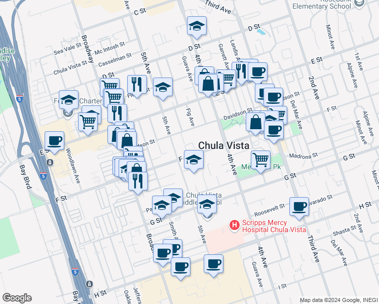 map of restaurants, bars, coffee shops, grocery stores, and more near 479 F Street in Chula Vista