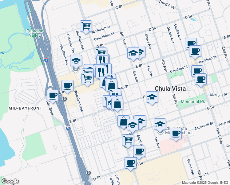 map of restaurants, bars, coffee shops, grocery stores, and more near 245 Ash Avenue in Chula Vista