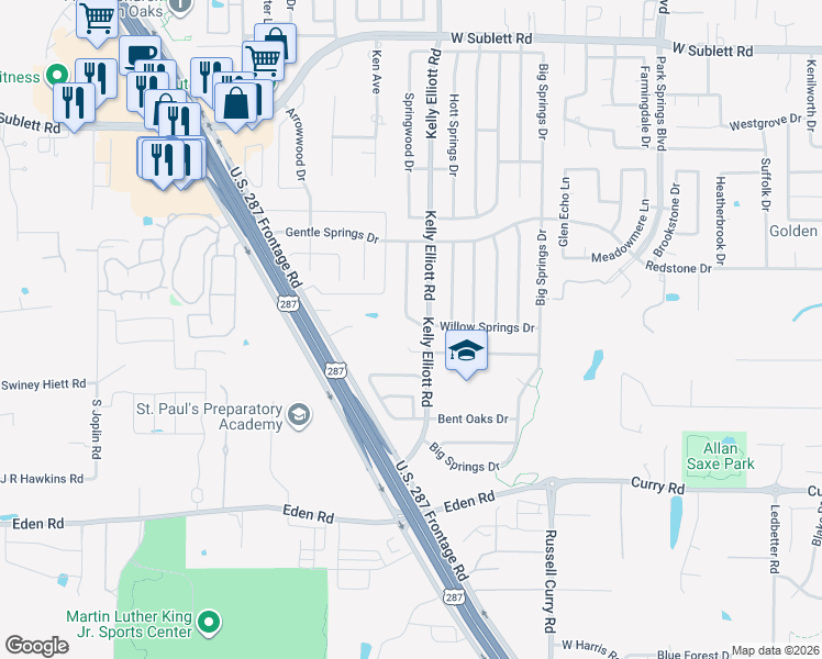 map of restaurants, bars, coffee shops, grocery stores, and more near 4304 Willow Springs Drive in Arlington