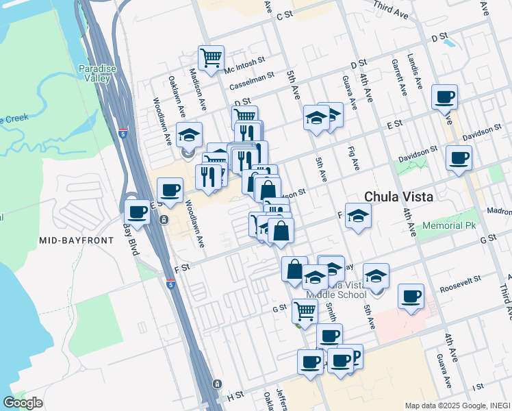 map of restaurants, bars, coffee shops, grocery stores, and more near 236 Broadway in Chula Vista