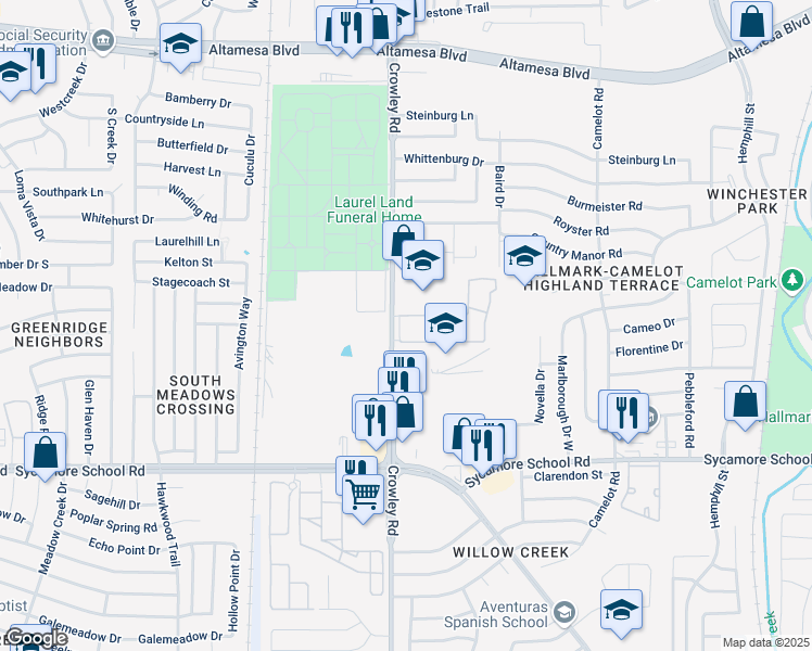 map of restaurants, bars, coffee shops, grocery stores, and more near 7208 Park West Circle in Fort Worth