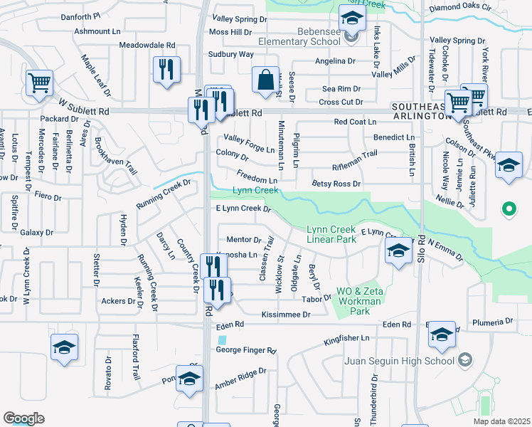 map of restaurants, bars, coffee shops, grocery stores, and more near 228 East Lynn Creek Drive in Arlington