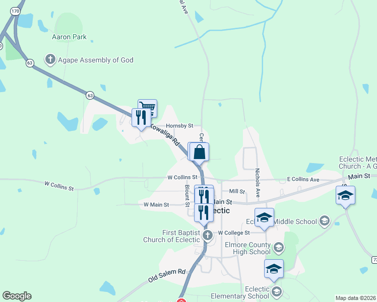 map of restaurants, bars, coffee shops, grocery stores, and more near 302 Kowaliga Rd in Eclectic