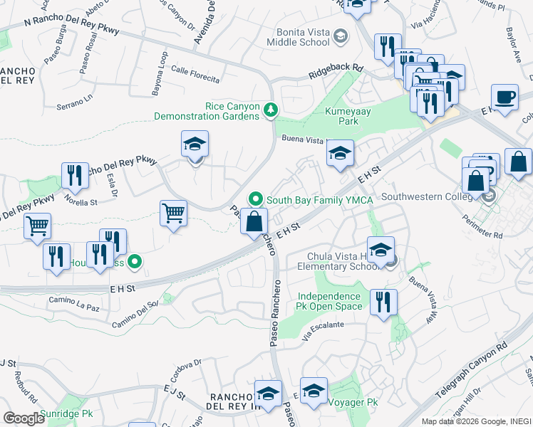 map of restaurants, bars, coffee shops, grocery stores, and more near 1220 Paseo Magda in Chula Vista