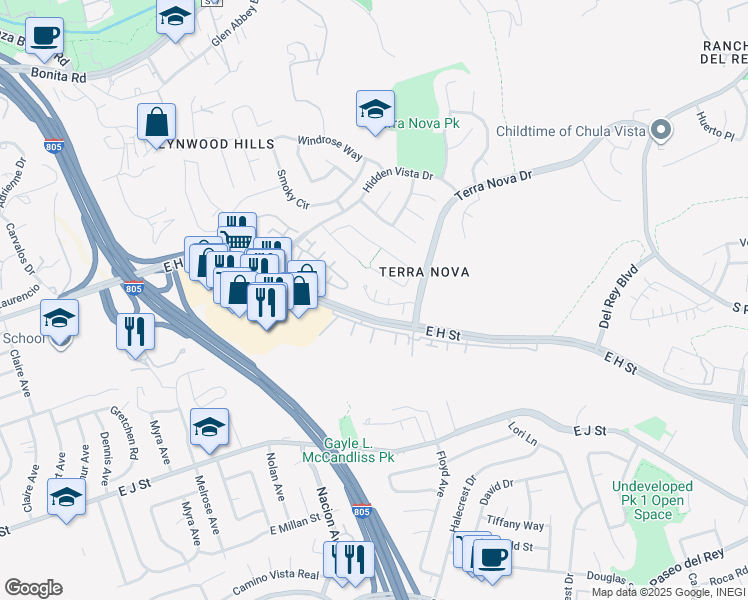 map of restaurants, bars, coffee shops, grocery stores, and more near 475 Belle Vista Drive in Chula Vista