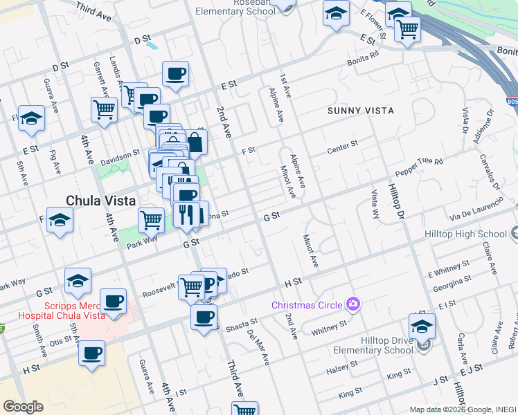 map of restaurants, bars, coffee shops, grocery stores, and more near 366 2nd Avenue in Chula Vista