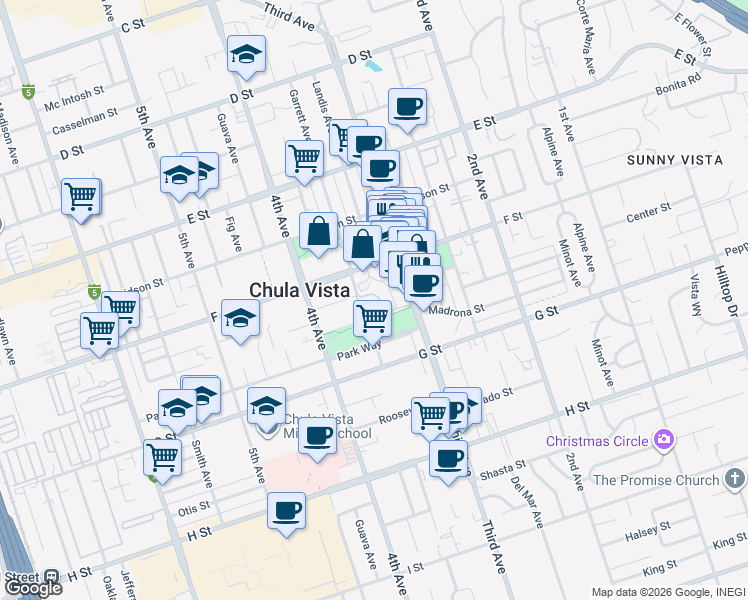 map of restaurants, bars, coffee shops, grocery stores, and more near 340 F Street in Chula Vista